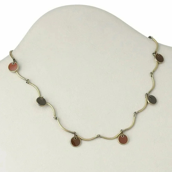 Scalloped Antique Brass Rust and Grey Enamel Charms Choker Necklace - Picture 1 of 1